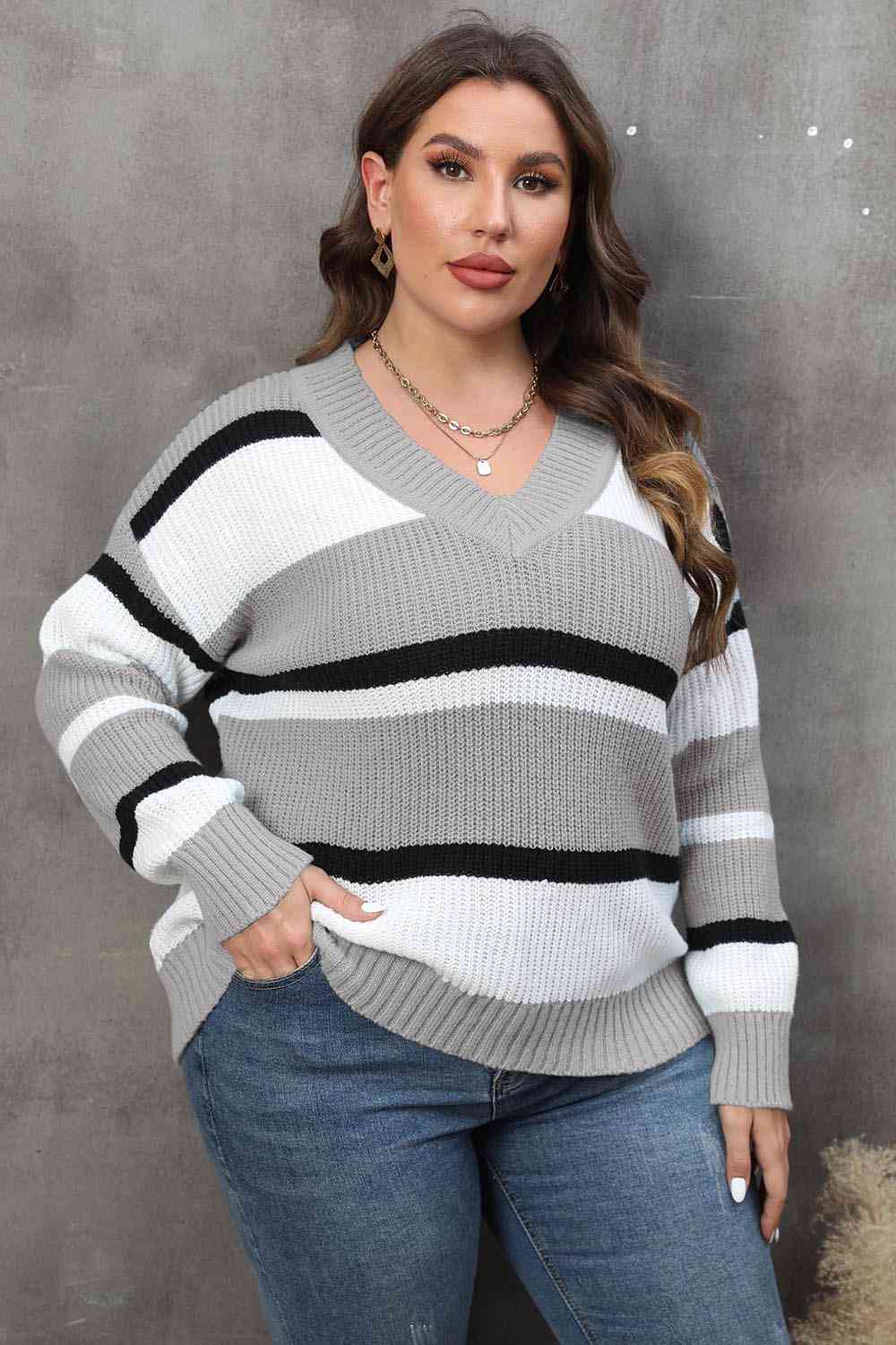 Plus Size Striped V-Neck Dropped Shoulder Sweater 