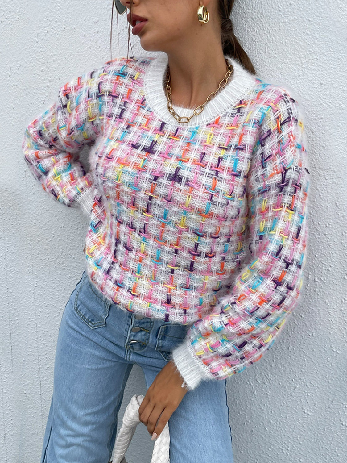 Multicolor Round Neck Dropped Shoulder Sweater 