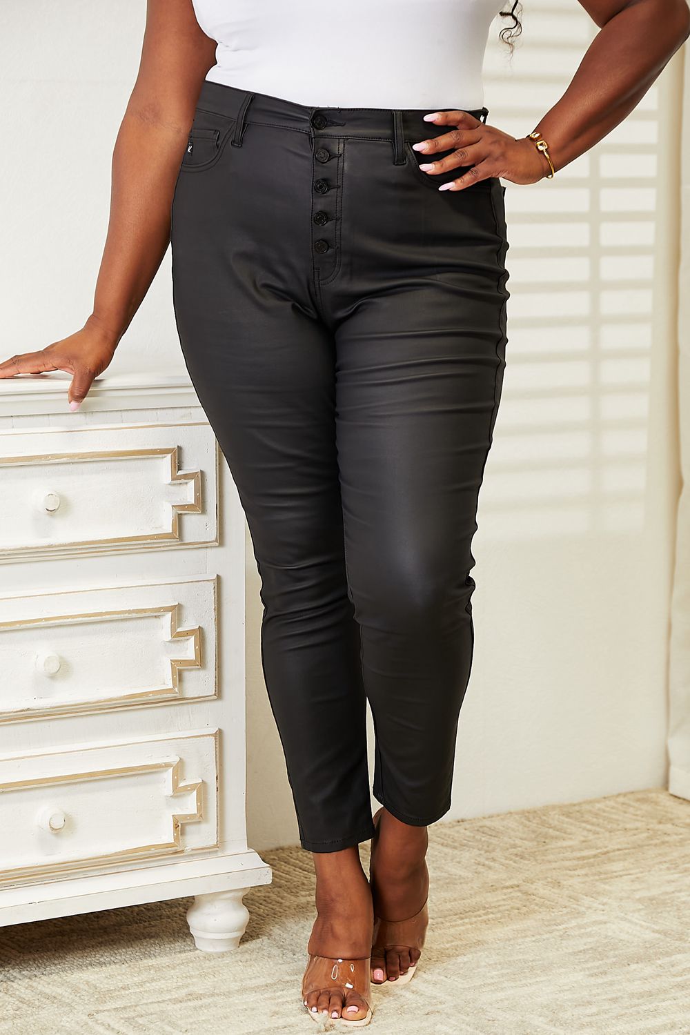 Kancan Full Size High Rise Black Coated Ankle Skinny Jeans - Babbazon womens coat