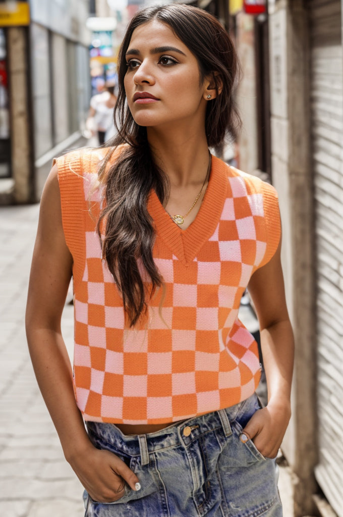 Checkered V-Neck Sweater Vest - Babbazon Camisole