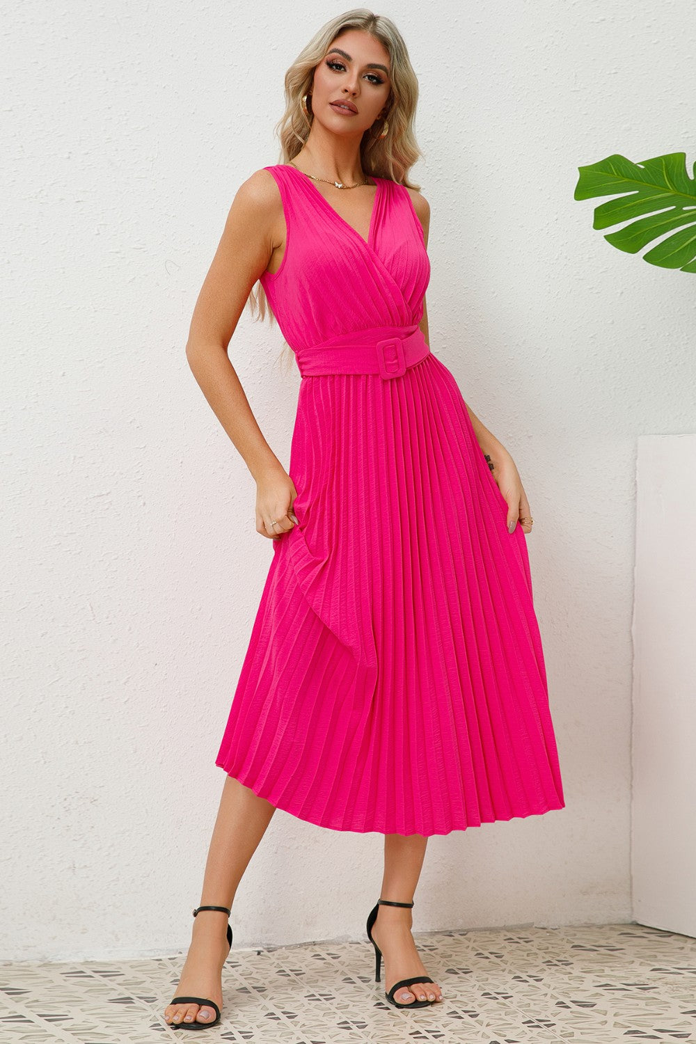 Surplice Sleeveless Midi Pleated Dress - Babbazon Midi Dress