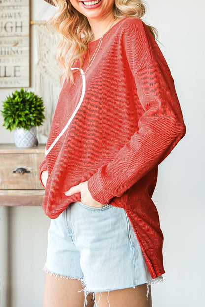 Slit Waffle-Knit Boat Neck Long Sleeve Sweatshirt 