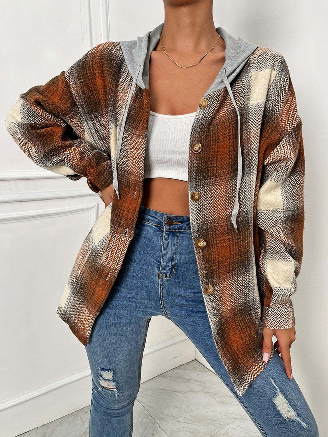 Plaid Drawstring Hooded Jacket 