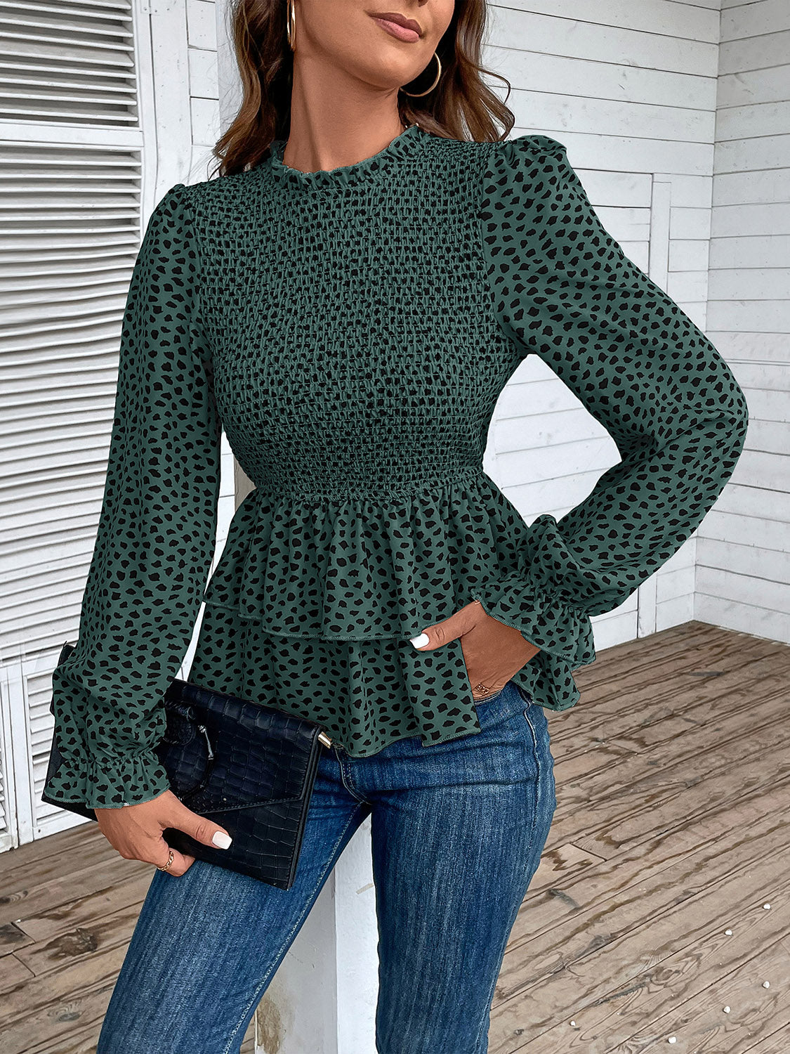 Printed Round Neck Smocked Flounce Sleeve T-Shirt 