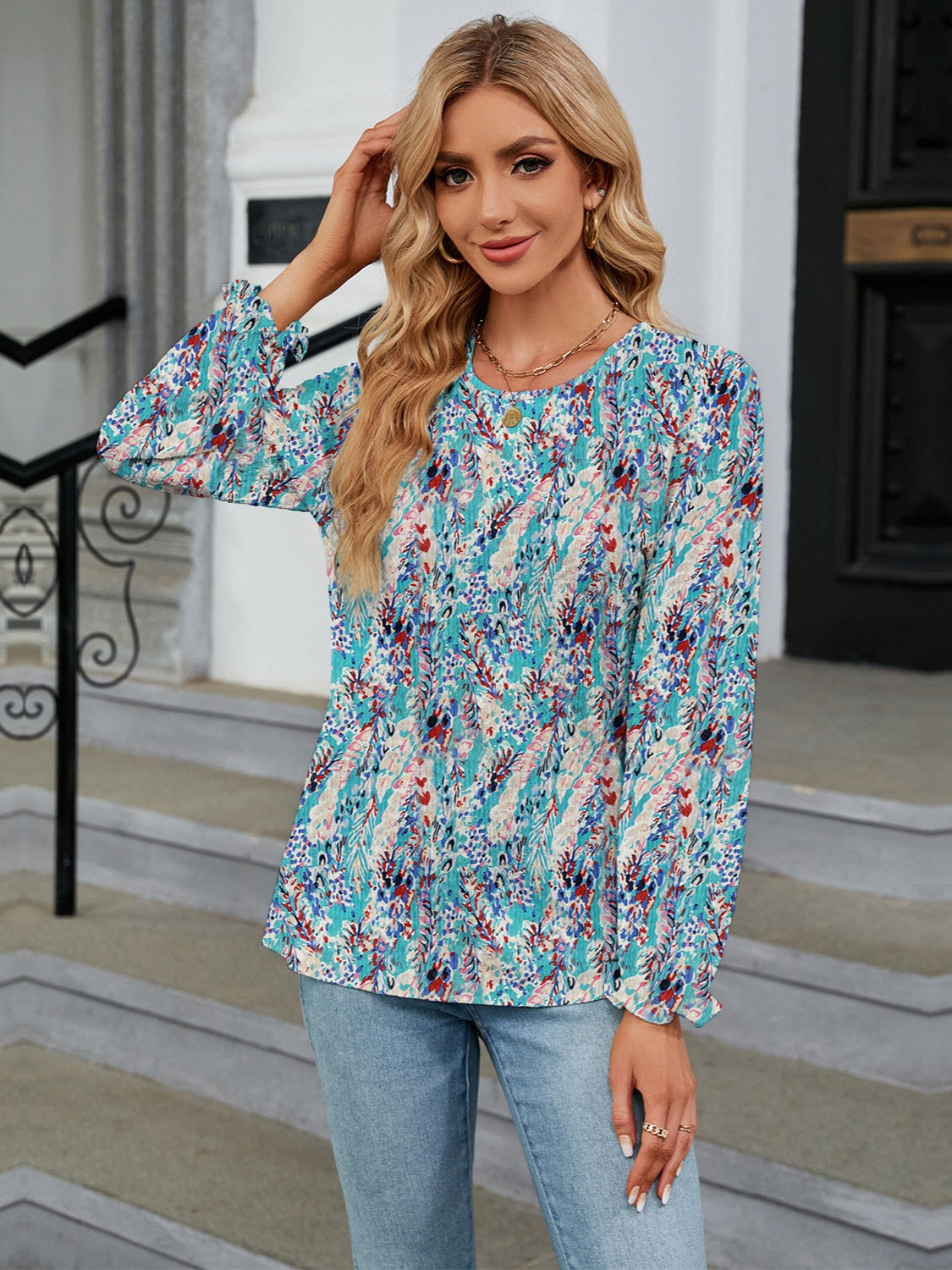 Printed Round Neck Flounce Sleeve Blouse