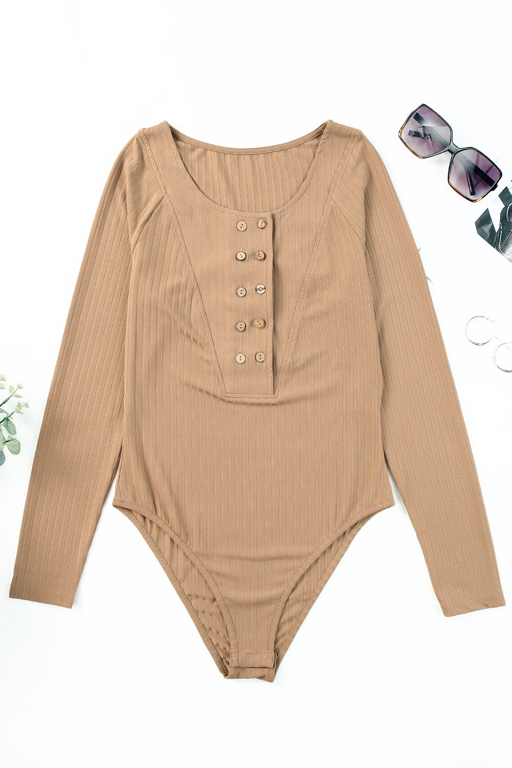 Ribbed Buttoned Long Sleeve Bodysuit 