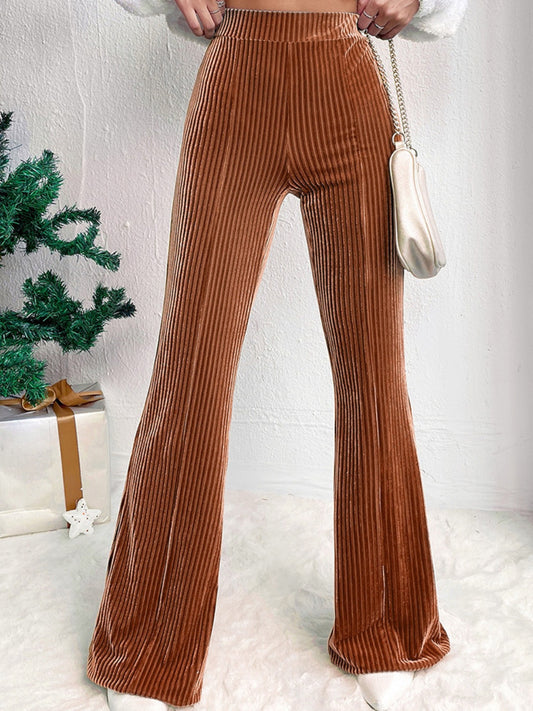 Ribbed High Waist Bootcut Pants - Babbazon