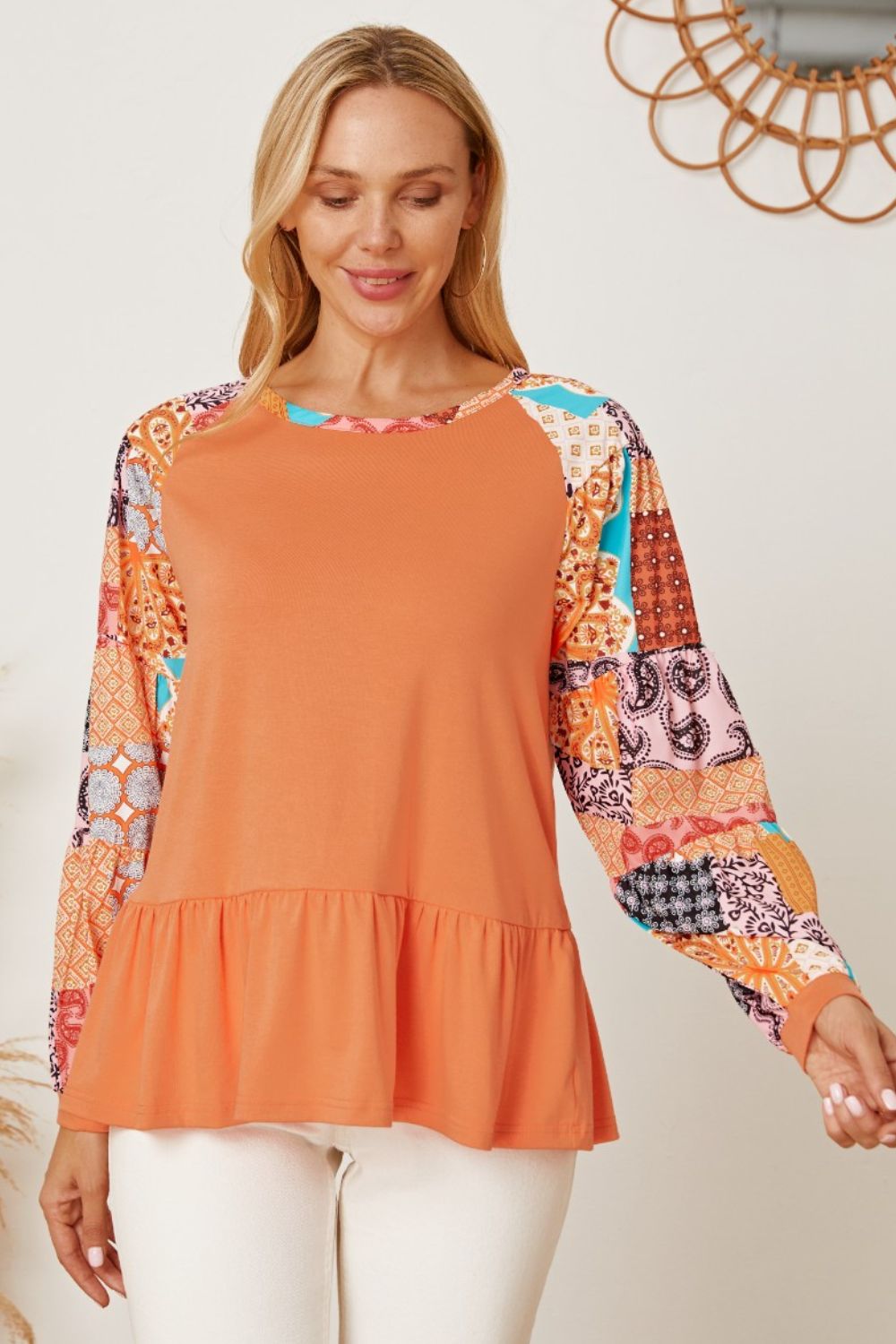 Printed Round Neck Peplum Blouse 