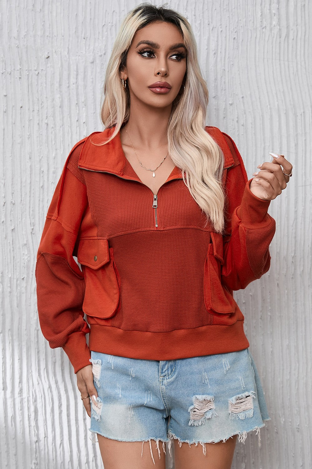 Half Zip Pocketed Dropped Shoulder Sweatshirt 