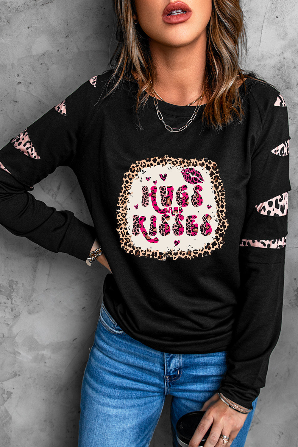 HUGS AND KISSES Leopard Round Neck Sweatshirt 