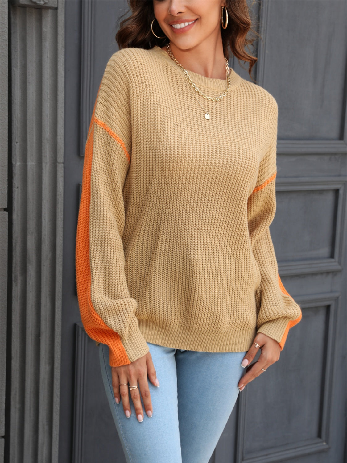 Contrast Round Neck Dropped Shoulder Sweater 