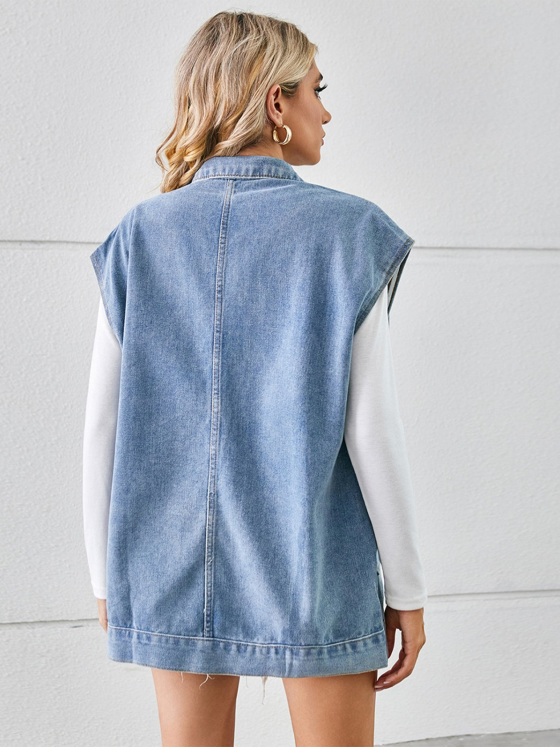 Pocketed Button Up Sleeveless Denim Jacket 