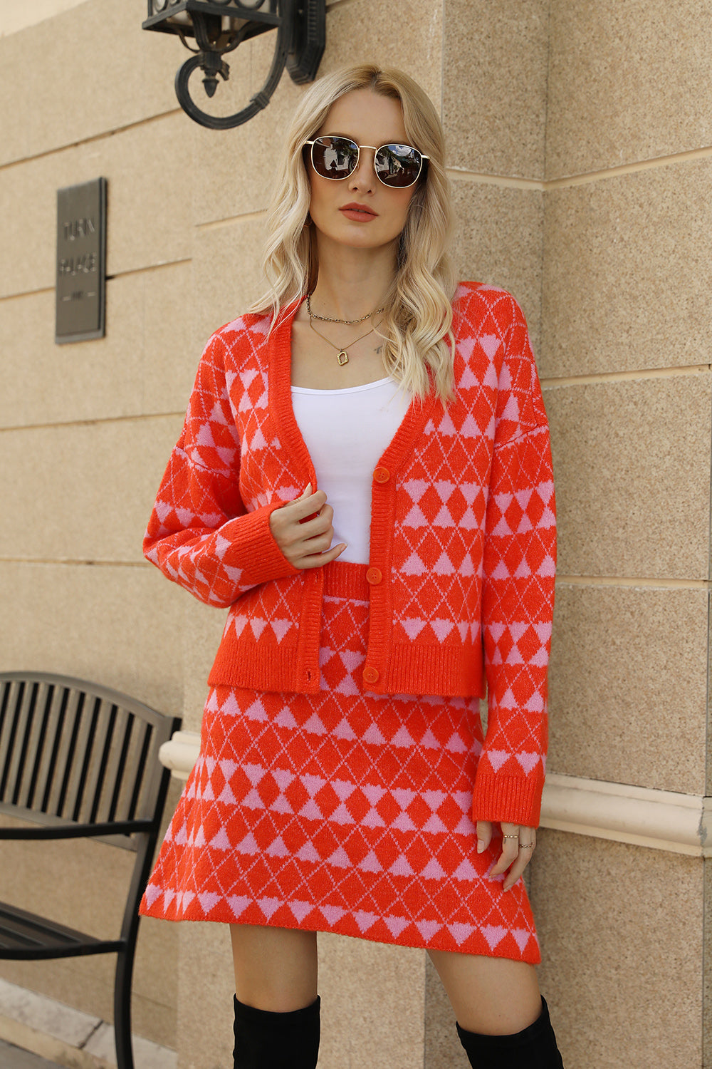 Geometric Button Front Cardigan and Skirt Set 