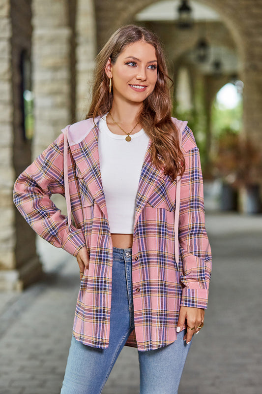 Plaid Long Sleeve Hooded Jacket 