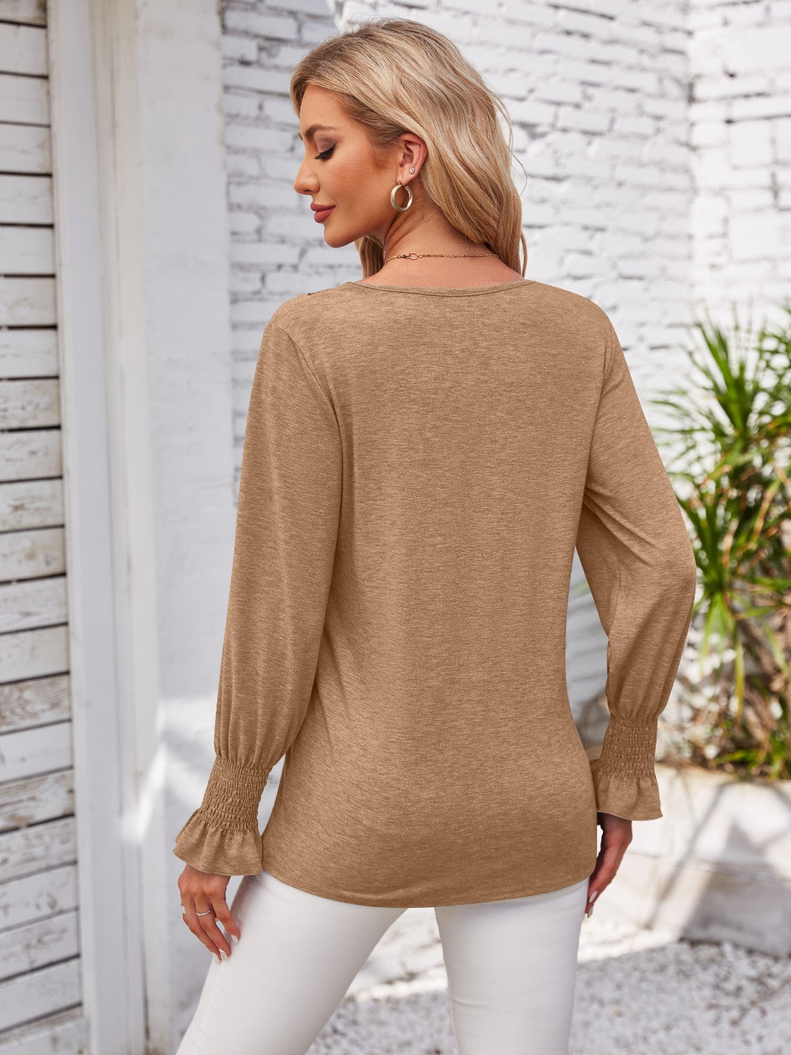 V-Neck Smocked Ruffled Long Sleeve Top