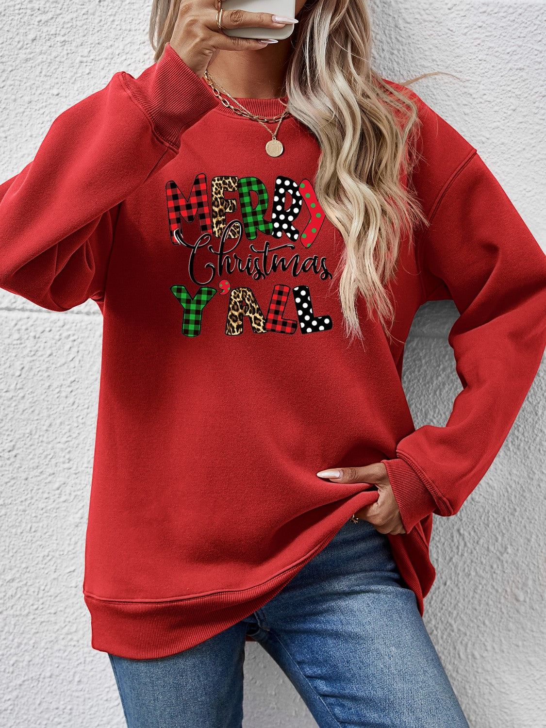 Letter Graphic Round Neck Long Sleeve Sweatshirt 