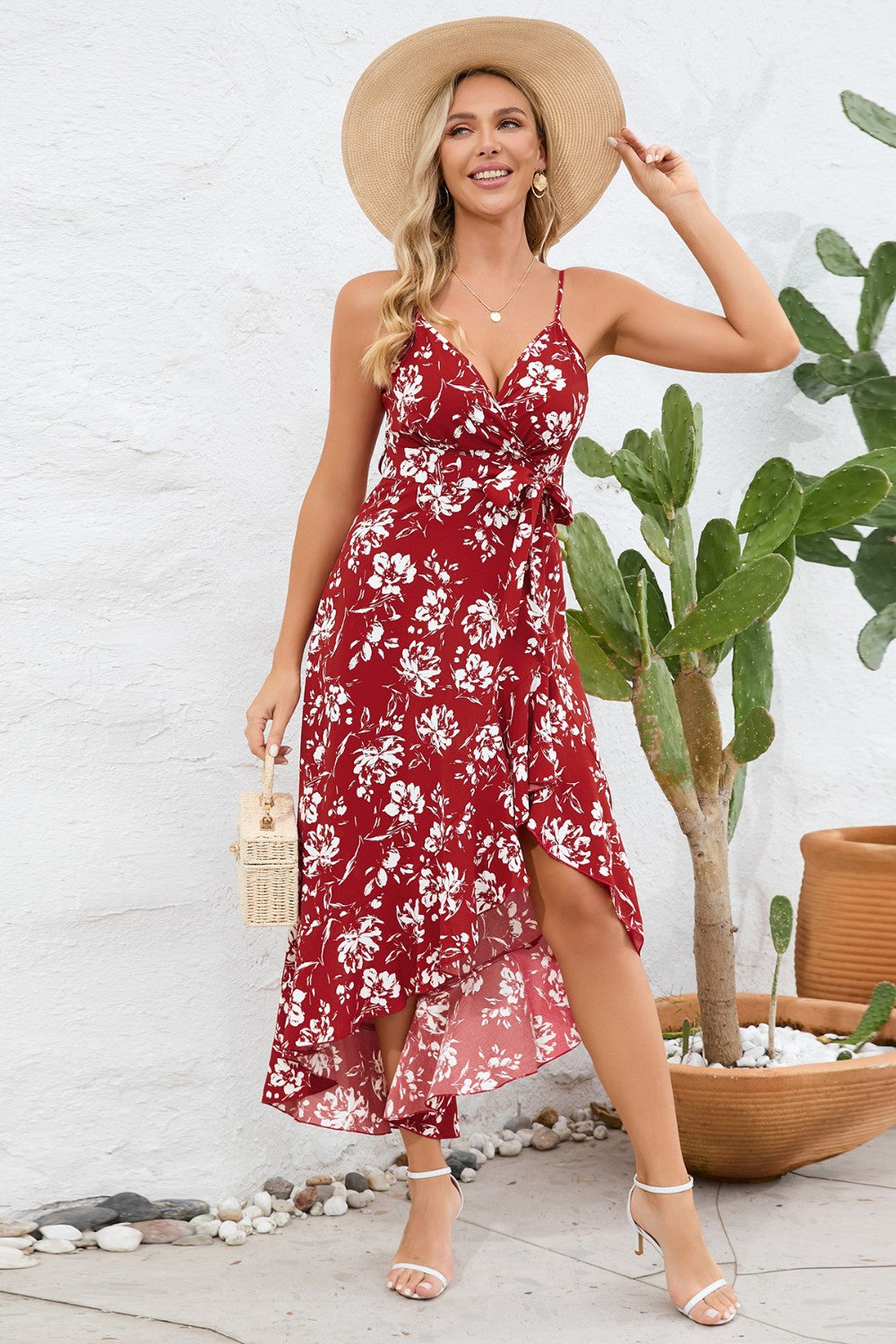 High-Low Tie Waist Printed Cami Dress 