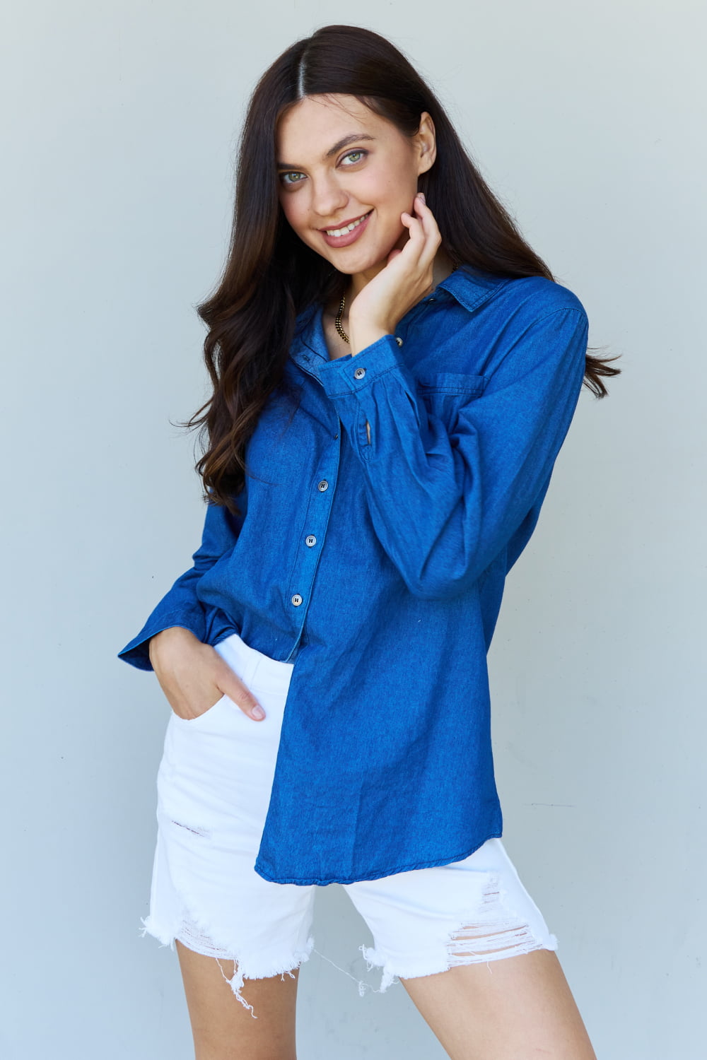 Doublju Blue Jean Baby Denim Button Down Shirt Top in Dark Blue 