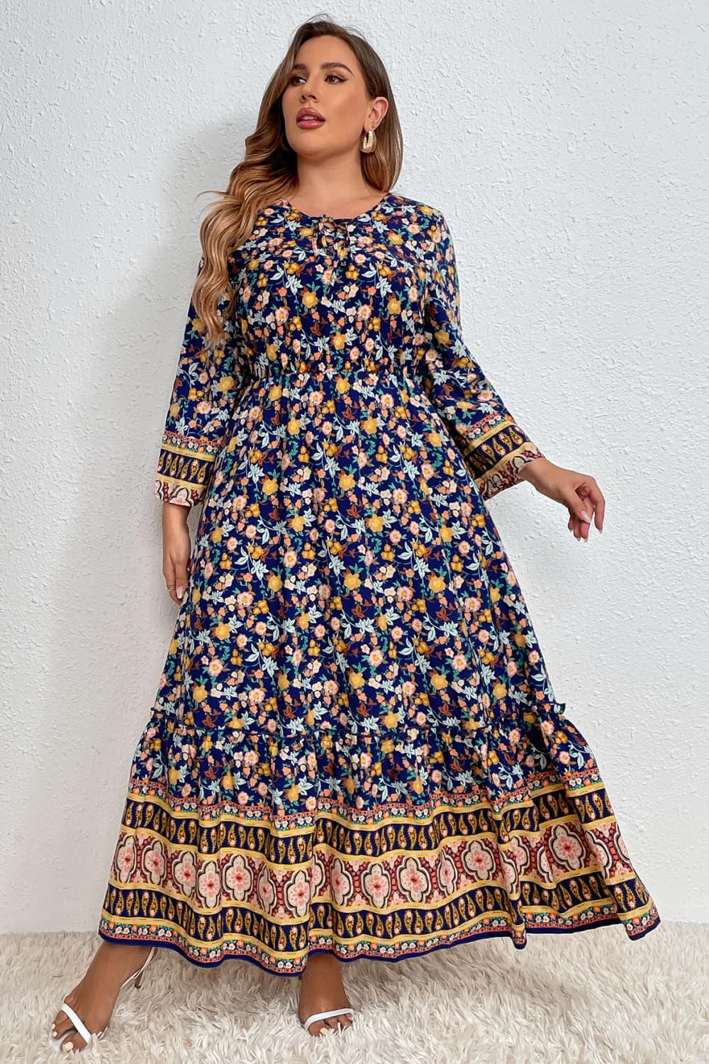 Melo Apparel Plus Size Bohemian Round Neck Maxi Dress 