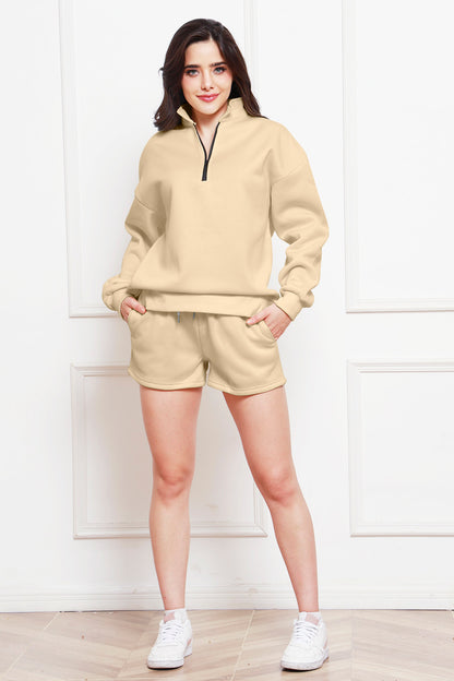 Half Zip Long Sleeve Sweatshirt and Drawstring Shorts Set 