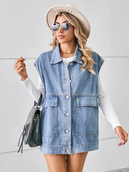 Pocketed Button Up Sleeveless Denim Jacket 