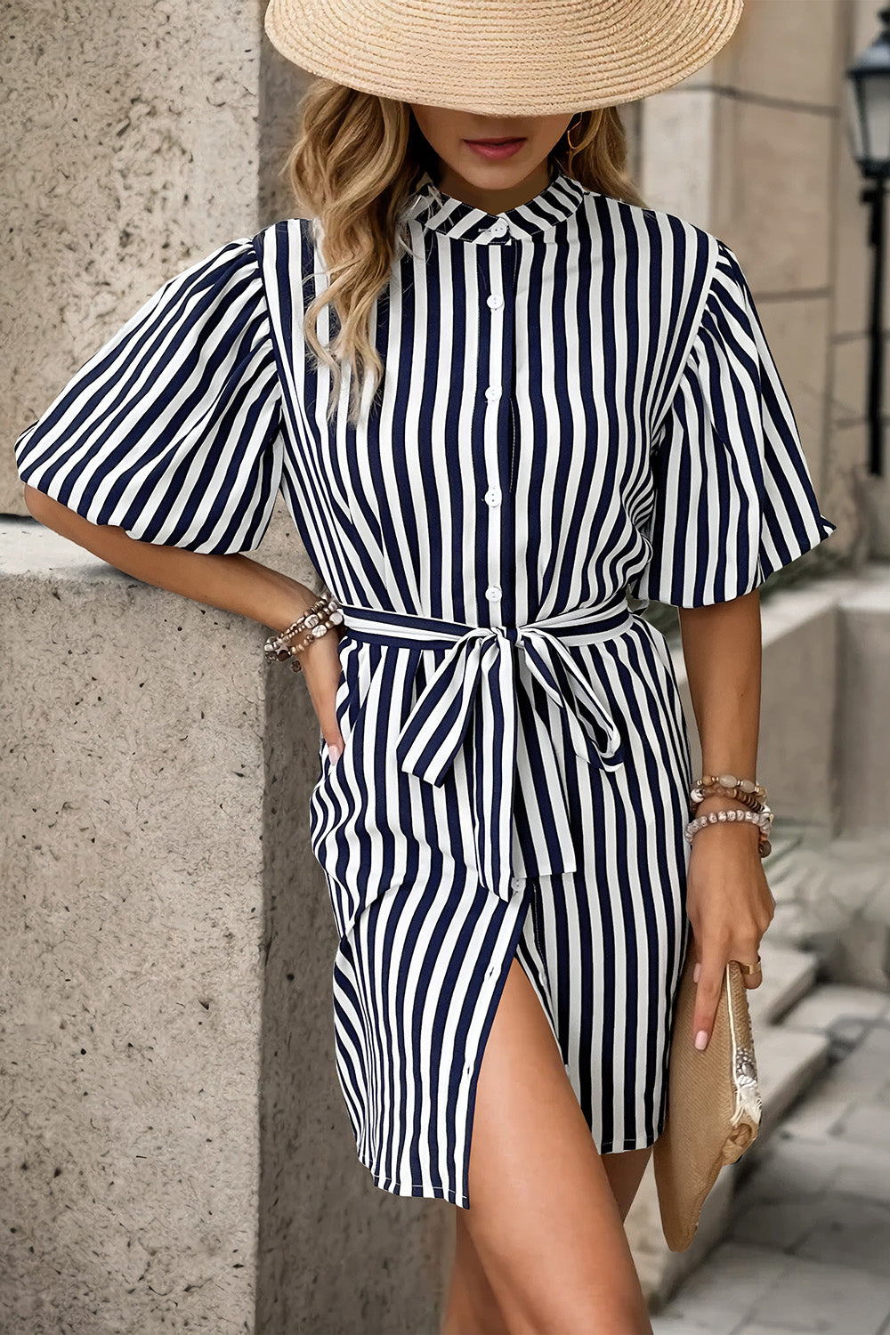 Striped Button Up Tie Waist Mini Dress 