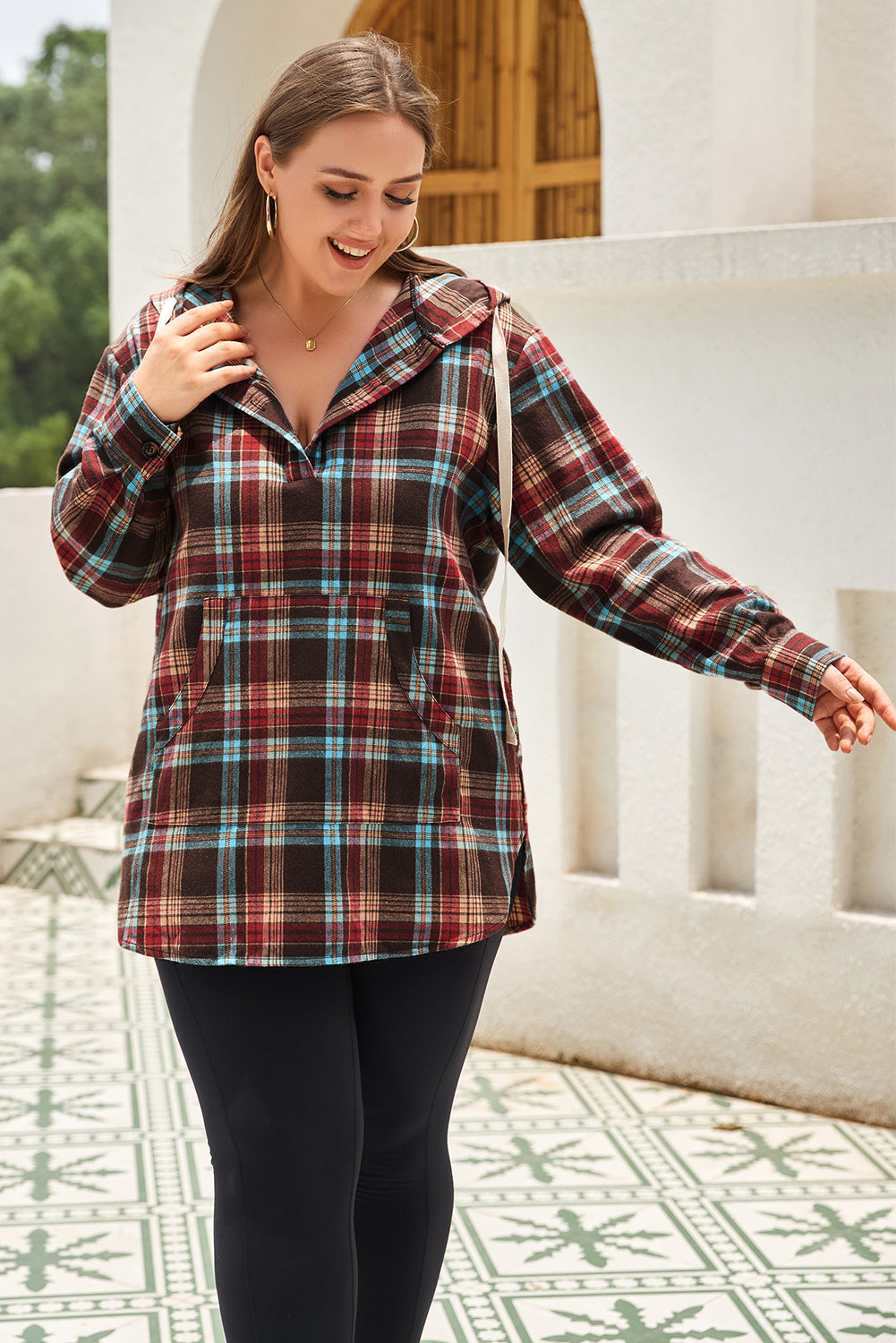 Plus Size Drawstring Plaid Quarter Button Hoodie 