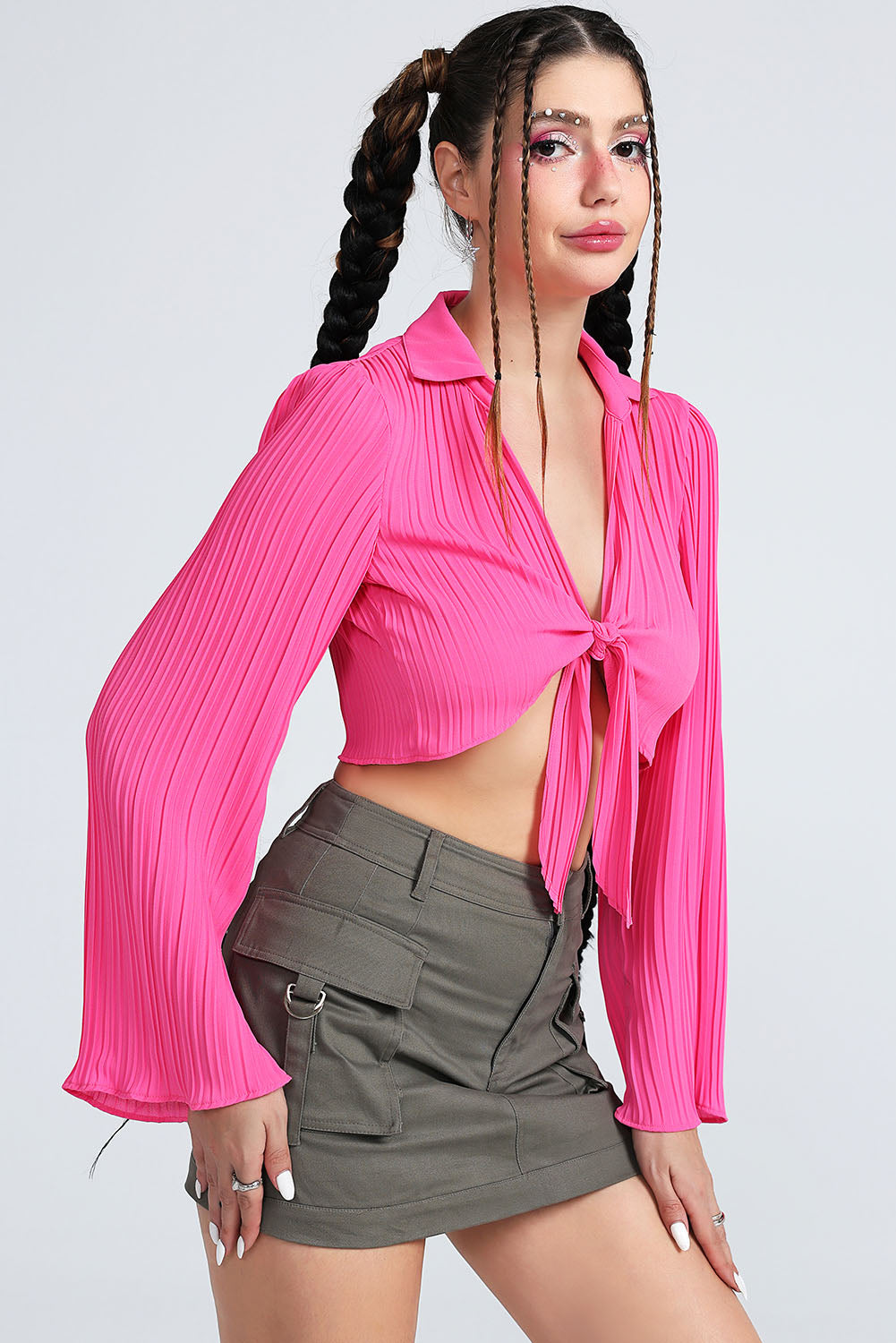 Tie Front Johnny Collar Flare Sleeve Cropped Top 