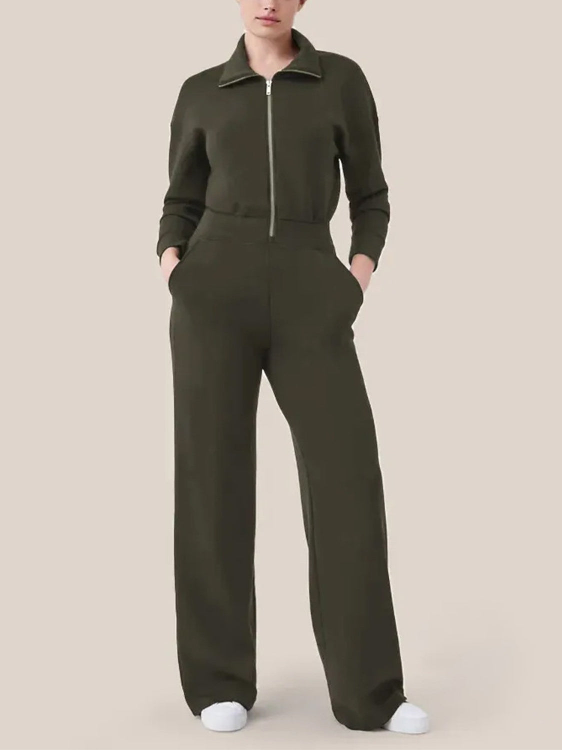 Zip Up Long Sleeve Jumpsuit with Pockets 