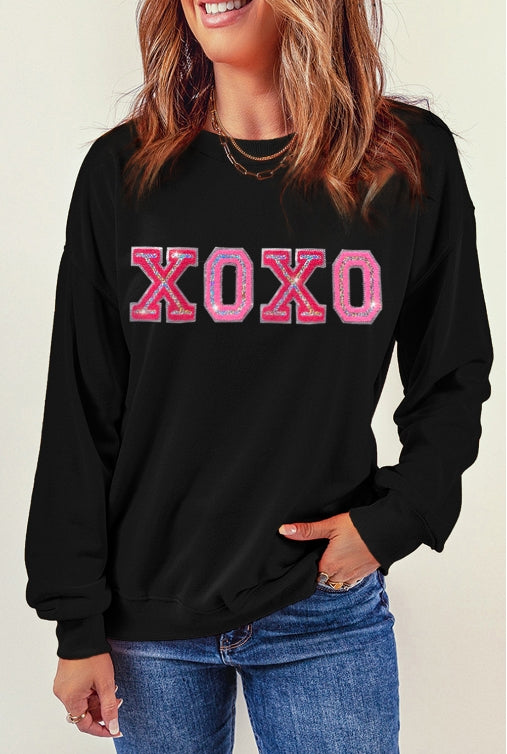 XOXO Round Neck Long Sleeve Sweatshirt - Babbazon sweatshirt