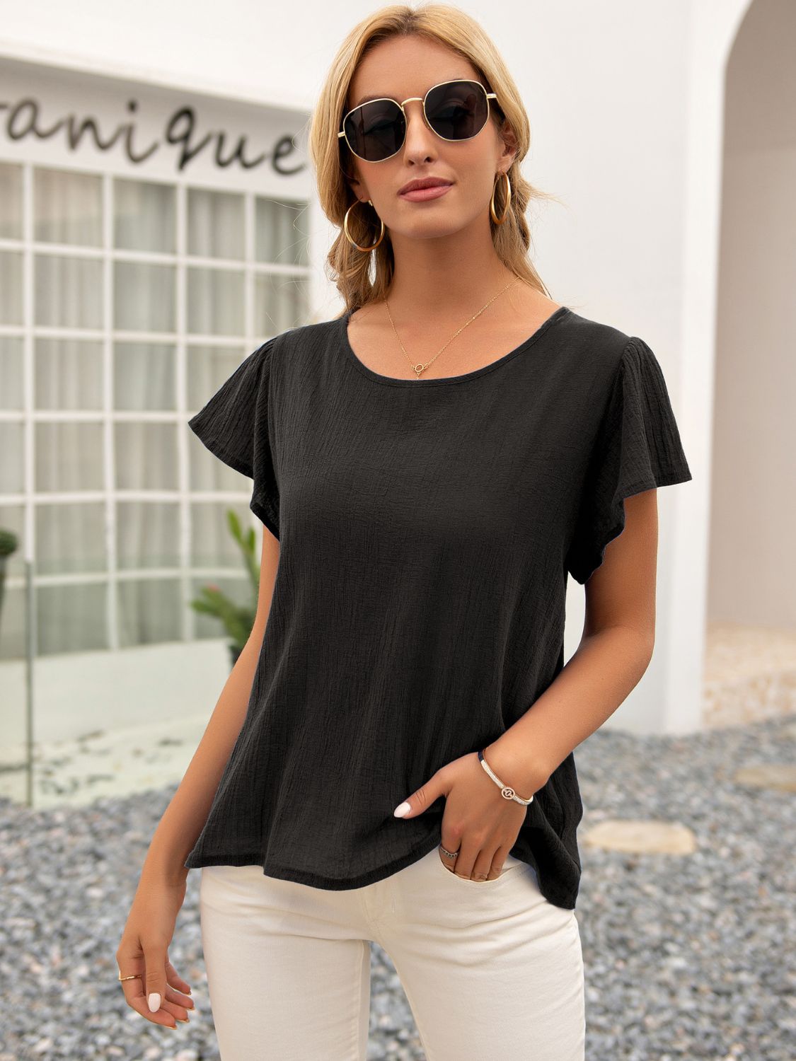 Round Neck Cutout Tie Back Top 