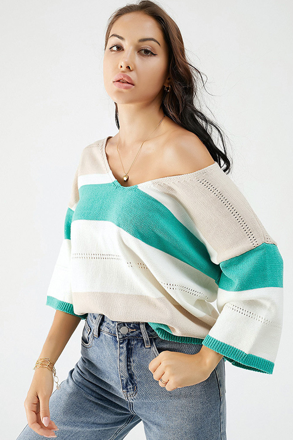 Color Block V-Neck Dropped Shoulder Sweater 