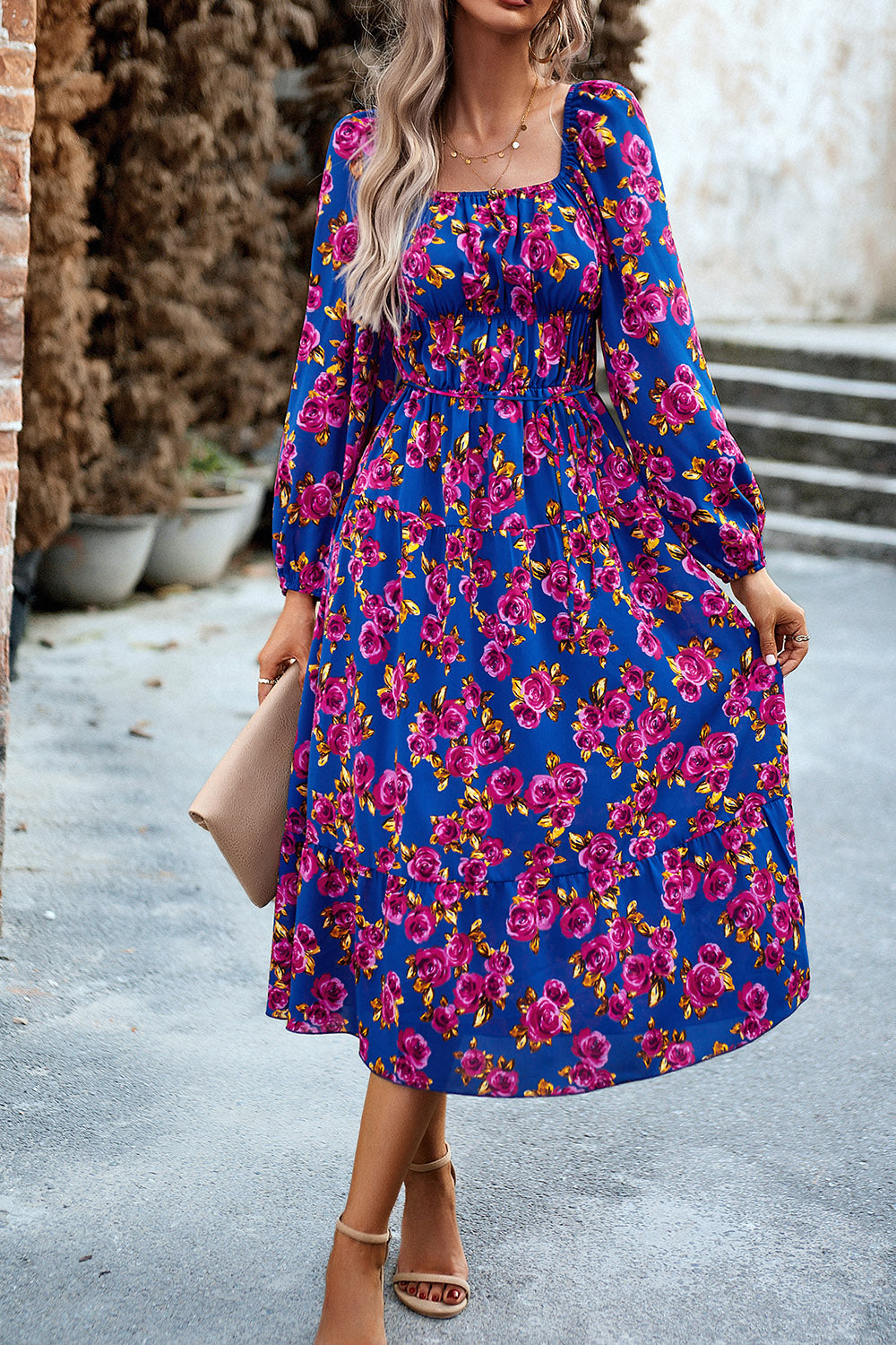 Printed Balloon Sleeve Midi Dress