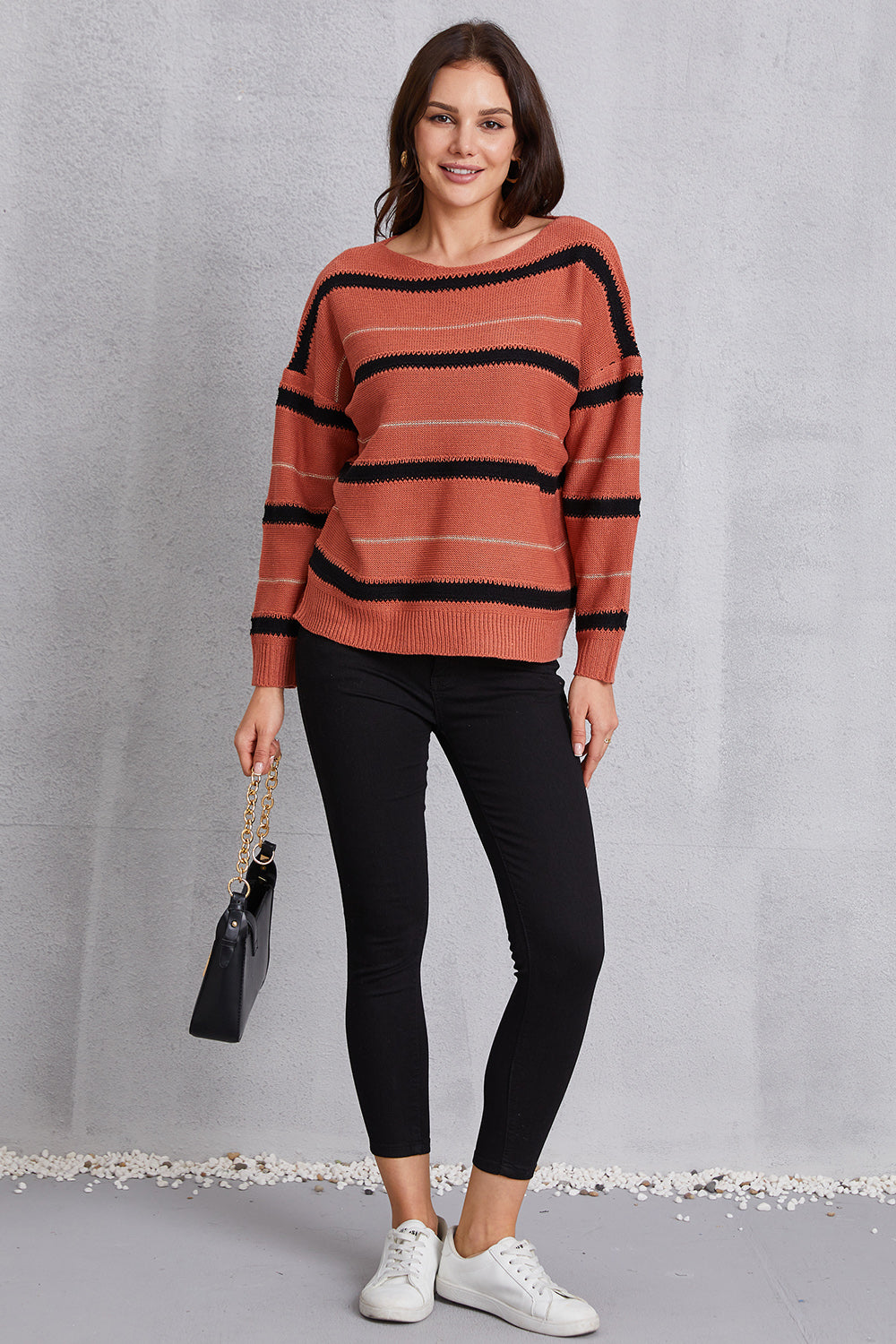 Striped Round Neck Dropped Shoulder Sweater 