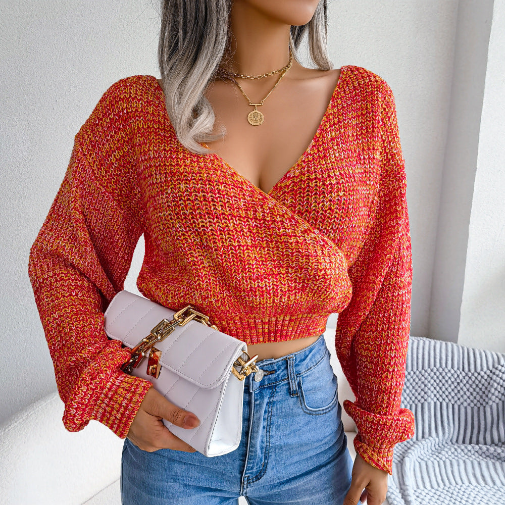 Heathered Surplice Cropped Sweater 