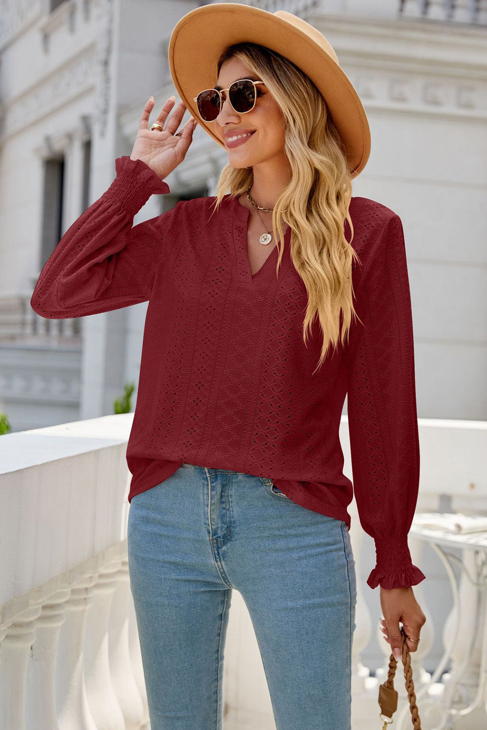 Eyelet Notched Lantern Sleeve T-Shirt 