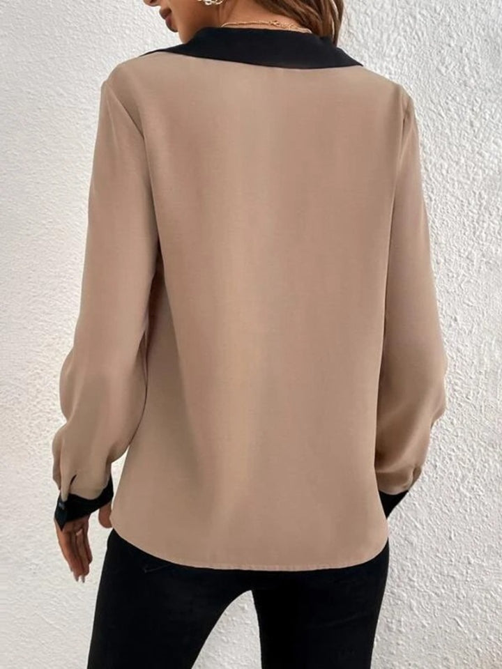 Contrast Trim V-Neck Long Sleeve Blouse 