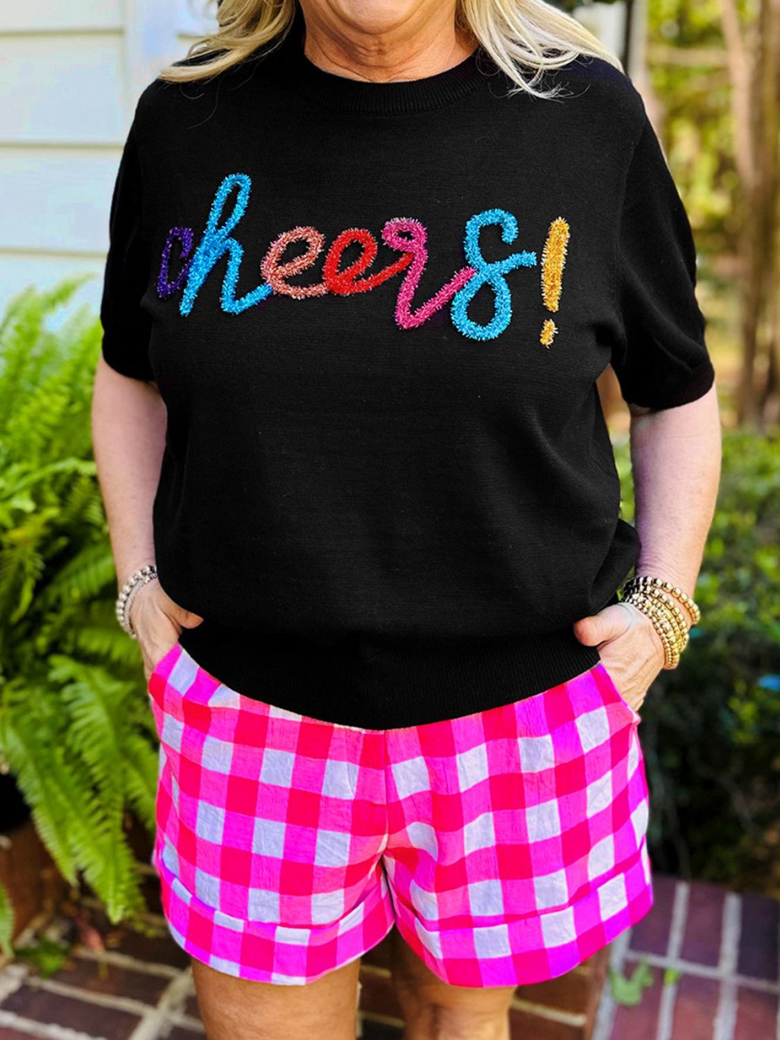 Plus Size CHEERS Round Neck Short Sleeve Sweater 