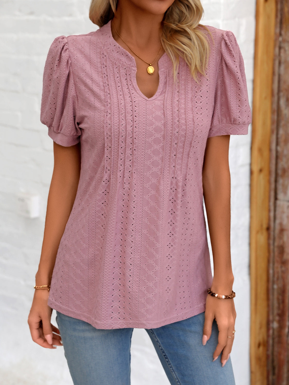 Eyelet Notched Puff Sleeve T-Shirt 