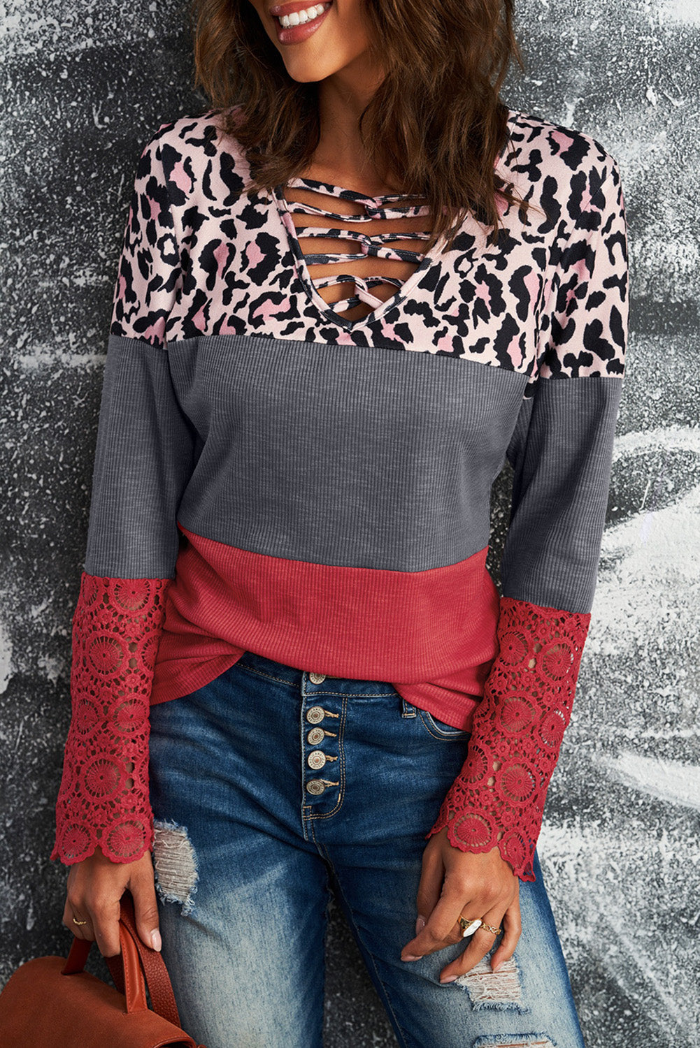 Leopard Print Lace-Up Spliced Lace Top 