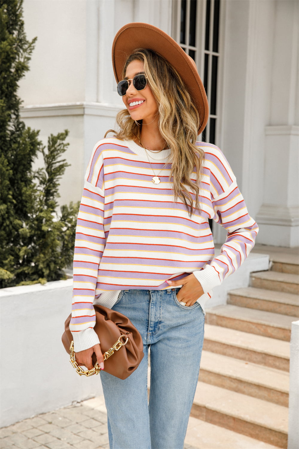 Striped Round Neck Dropped Shoulder Knit Top 