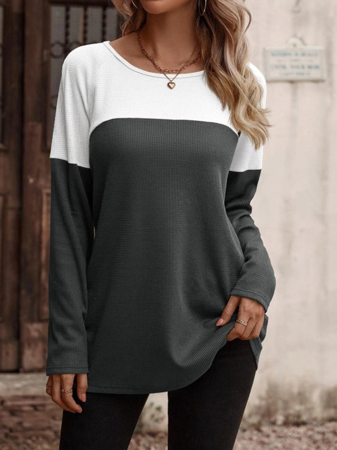 Contrast Round Neck Long Sleeve T-Shirt - Babbazon Women's Tops