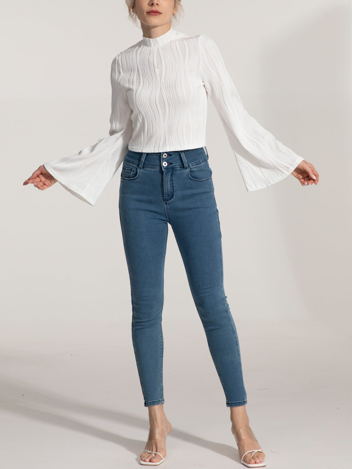 Mock Neck Flare Sleeve Blouse 