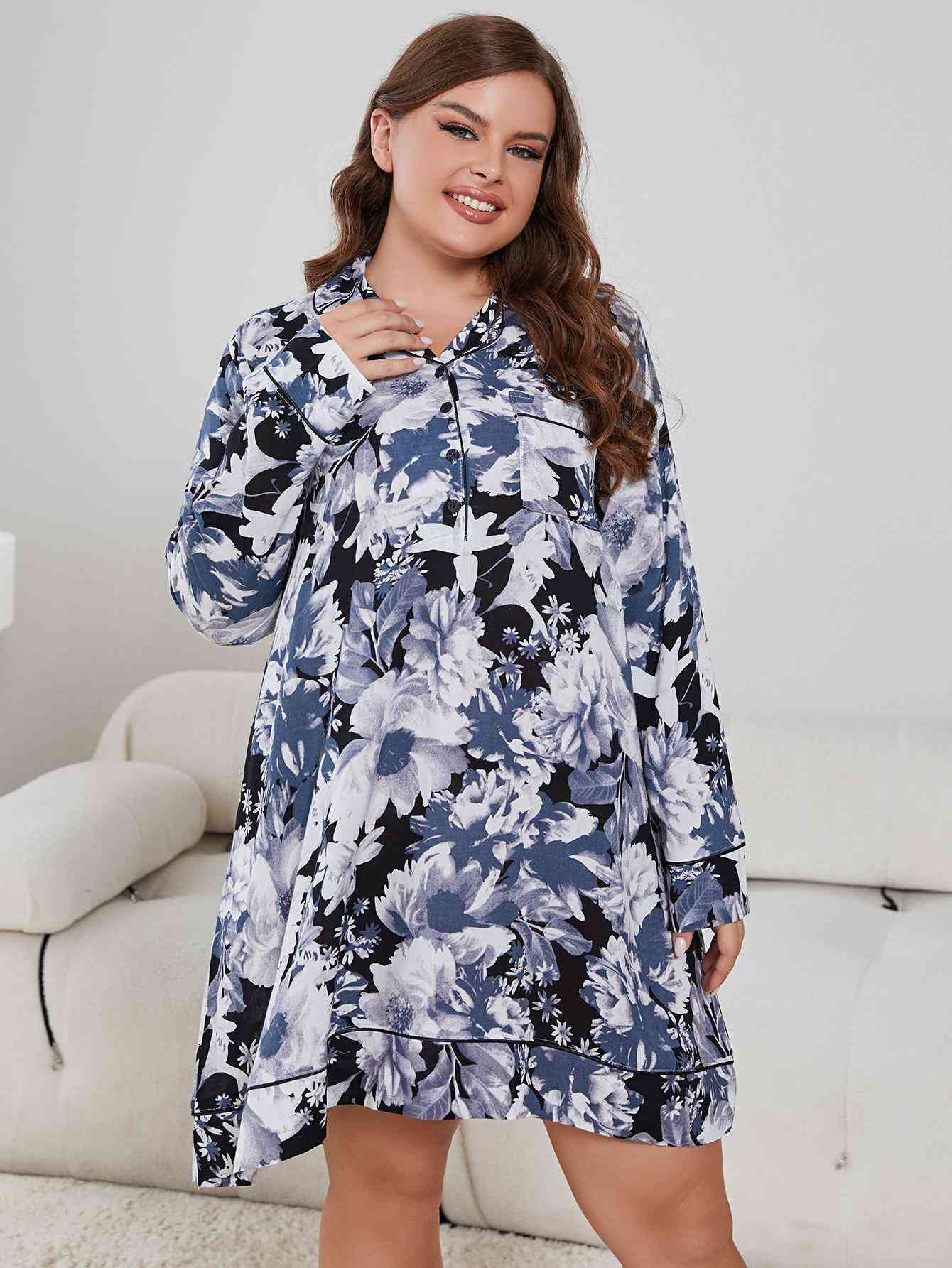 Plus Size Floral Lapel Collar Long Sleeve Night Dress 