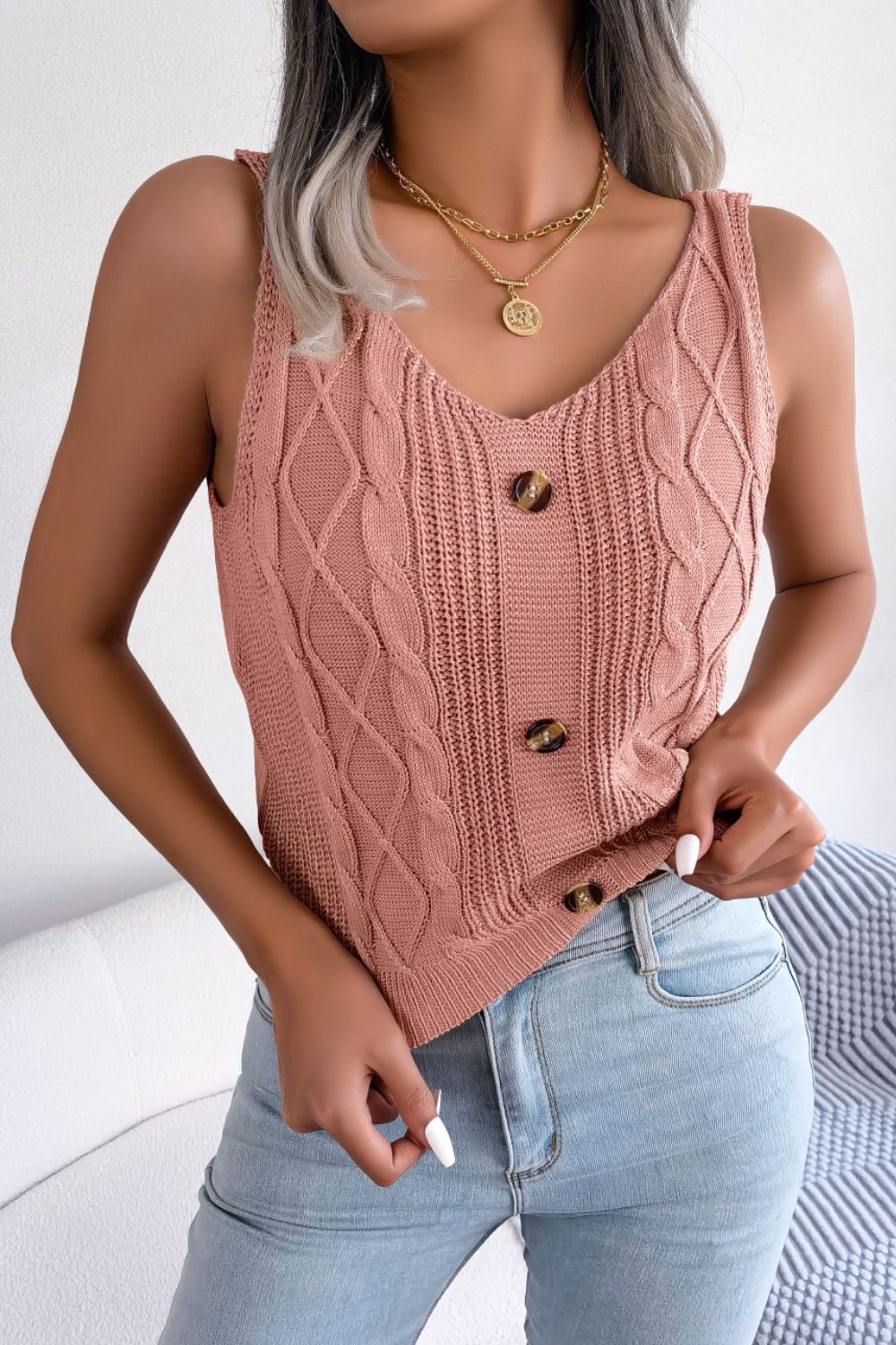 Decorative Button Mixed Knit Tank 