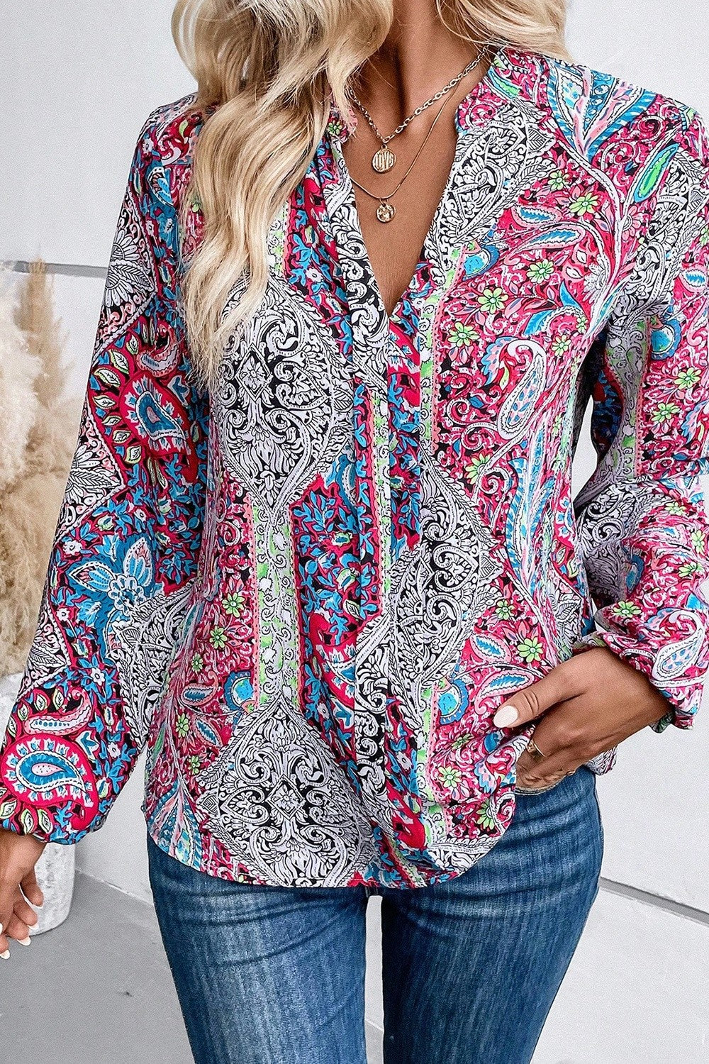 Printed Notched Long Sleeve Shirt 