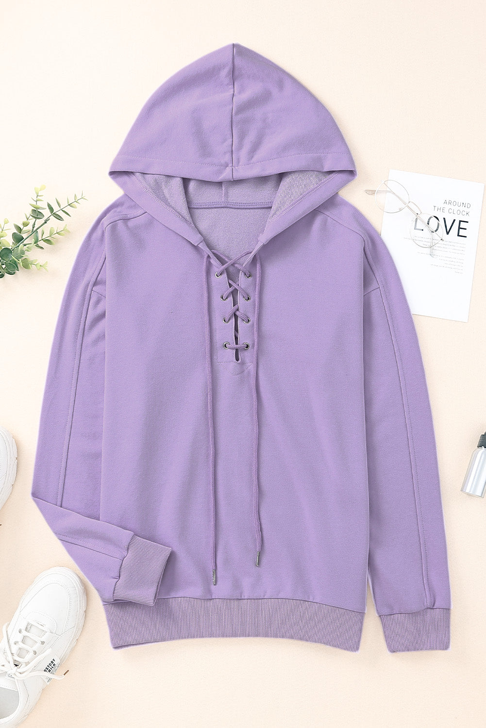 Lace-Up Dropped Shoulder Hoodie - Babbazon sweatshirt