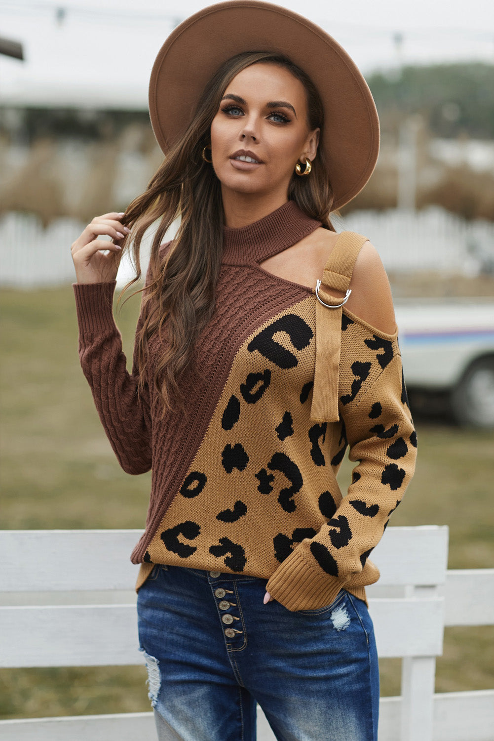 Leopard  Block Turtleneck Sweater