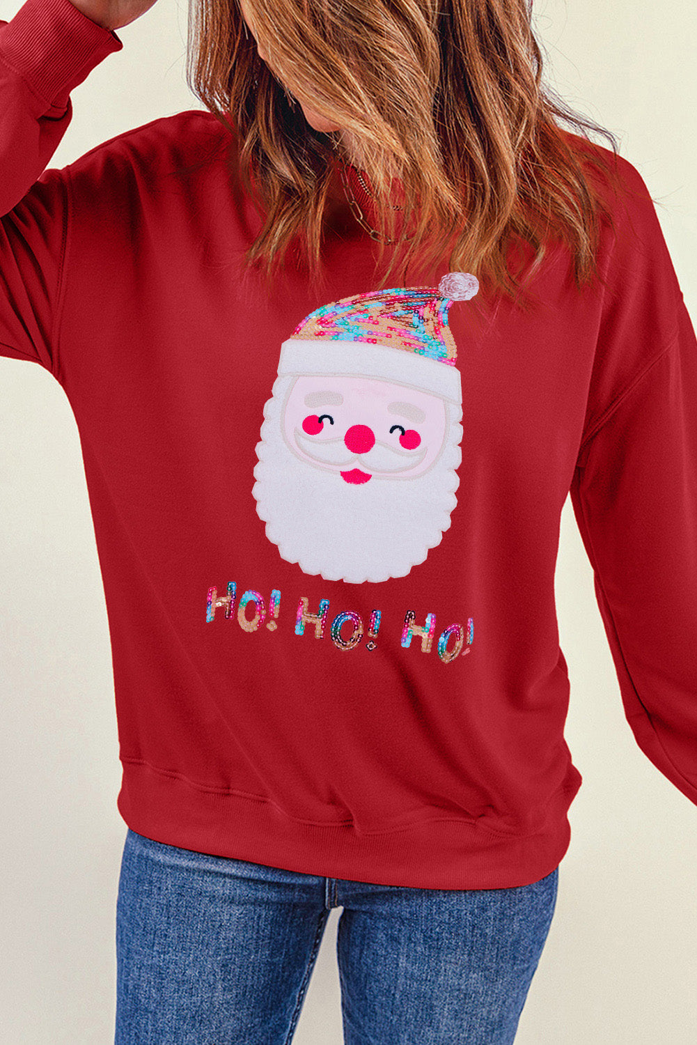 Sequin Santa Graphic Round Neck Sweatshirt 