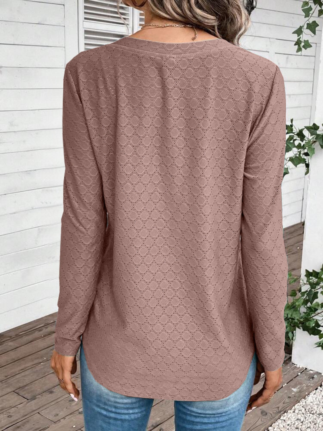 Eyelet V-Neck Long Sleeve T-Shirt